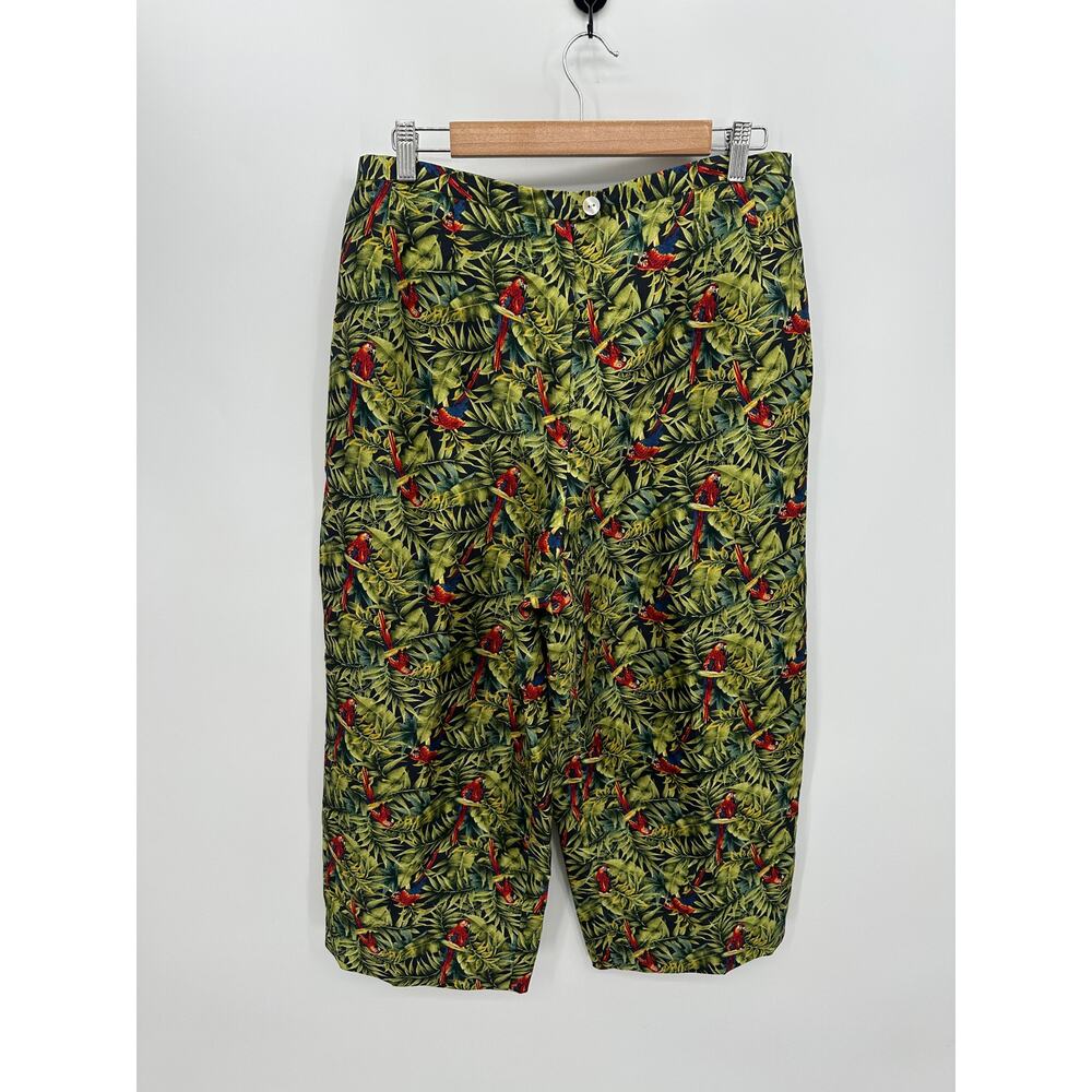 Harve Benard Silk Pants Women 16 Green Tropical Parrot High Waist Cropped Loose